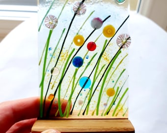 Hand Painted Fused Glass Meadow Art, Wildflower Decor, Wood Stand