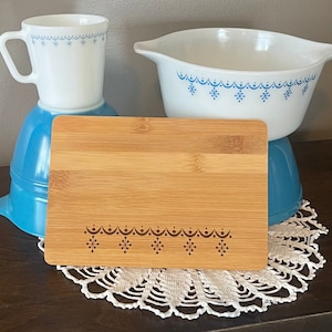 Vintage Pyrex inspired Snowflake garland small bamboo wood cutting board