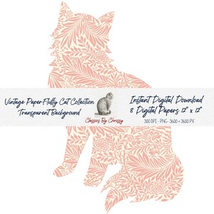 Fluffy Cat Silhouette Designs, Vintage Digital Paper Instant Download, William Morris Arts Crafts PNG Transparent Floral Personal Commercial