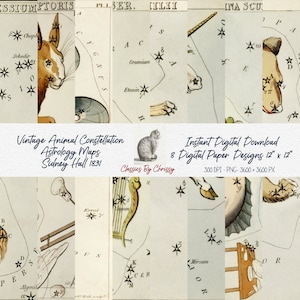Vintage Astrologie Tier Sternbild Karten, Hintergrund Digitales Papier Instant Download, Clipart Antique Sidney Hall 1831 JPG, Sterne