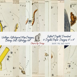 Vintage Astrologie Sternzeichen Zeichen, Hintergrund Digitales Papier Instant Download, Clipart Antique Sidney Hall circa 1831 JPG