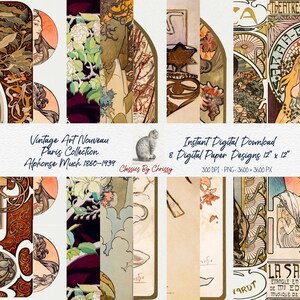 Vintage French Art Nouveau, Paris Alphonse Much Paper Design Instant Download Clipart, Crafts, JPG, Printable, Personal Commercial, Deco