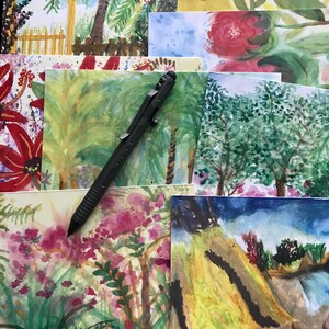 8 Heldere vrolijke kaarten gedrukt van mijn originele aquarellen en oliepastels met enveloppen
