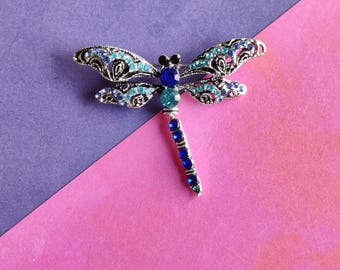 May include: A silver dragonfly brooch with blue and teal detailing. The wings have ornate patterns, and the body is adorned with blue gemstones. The brooch is set against a purple and pink backdrop.