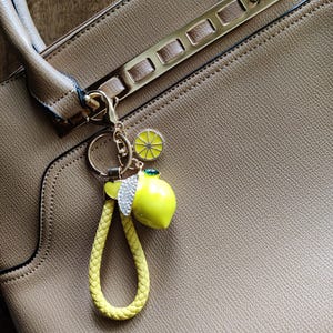 Lemon Keychain for Bags: Braided Strap, Rhinestone Leaf