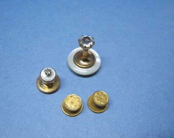 Four Vintage Antique  Gentleman's Shirt Dress Studs Two Singles Studs Set with Glass Rhinestone One Pair Gold Tone Studs