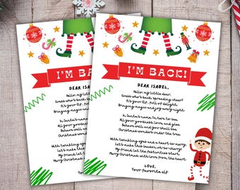 May include: Two Christmas cards with the message "I'M BACK!" and letters to "Isabel" and "Isa" from their elf. The cards feature elf legs, Christmas baubles, and a cartoon elf illustration.