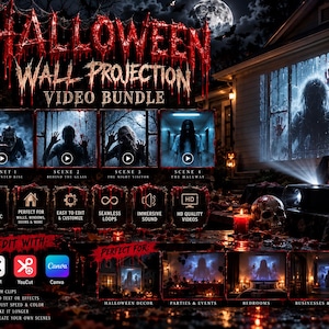 May include: A Halloween wall projection video bundle featuring four cinematic scenes of ghosts and figures. The graphic displays text including Halloween Wall Projection Video Bundle, scene titles, and icons for editing software like CapCut and Canva.