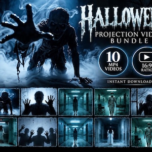 May include: A Halloween projection video bundle featuring 10 MP4 videos in 16:9 ratio. The graphic displays a zombie reaching forward amidst fog, with text reading HALLOWEEN PROJECTION VIDEO BUNDLE, 10 MP4 VIDEOS, and 16:9 RATIO.