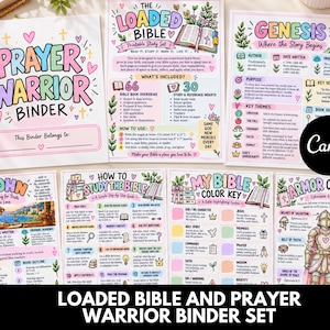May include: A set of printable Bible study pages featuring colorful headers and illustrations. Sheets include titles like Prayer Warrior Binder, The Loaded Bible, Genesis, 2 John, How to Study the Bible, My Bible Color Key, and Armor of God.