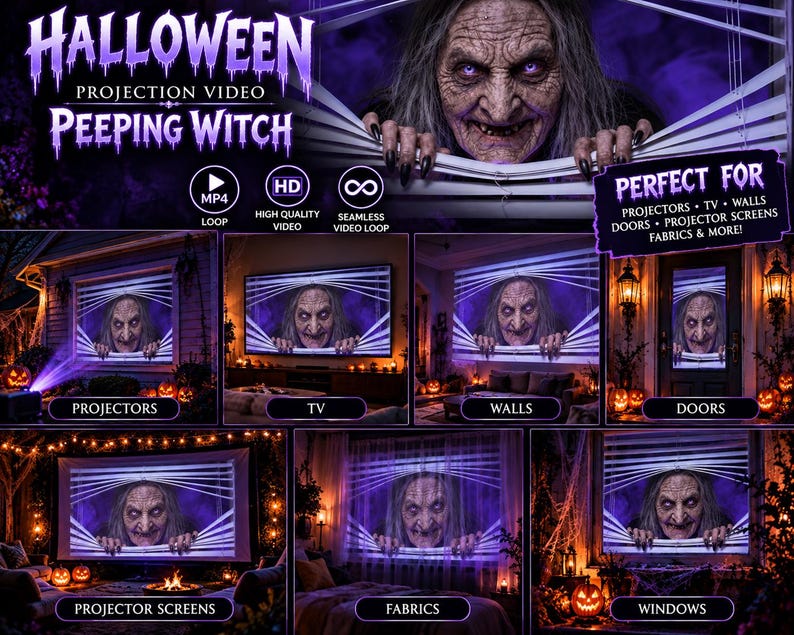 Peeping Witch Halloween Projection Video, Scary Witch Window Decoration ...