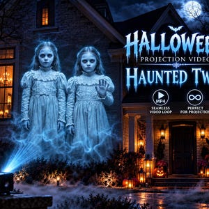Halloween-Projektionsvideo „Spukende Zwillinge“ (1-Minuten-Schleife) | Gruselige Geister | Halloween-Projektor-Schleife | Digitale Dekoration für drinnen und draußen