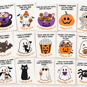 May include: A collection of fifteen rectangular cards featuring Halloween-themed illustrations and Bible verses. Designs include ghosts, pumpkins, a mummy, a bat, a spider, and a black cat, with orange text citing specific scripture references.
