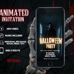 May include: A smartphone displaying an animated Halloween party invitation featuring a masked figure holding a phone. Text includes ANIMATED INVITATION, HALLOWEEN PARTY, WHAT'S YOUR FAVORITE SCARY MOVIE?, THE CARTER HOUSE, 218 AUTUMN LANE, NASHVILLE, TENNESSEE, RSVP BY OCT 21 TO 555-5555.