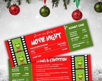 May include: Two cinema tickets for "The Grinch Who Stole Christmas" with the text "Join us for a Movie Mght". The tickets are red and green with the Grinch character and film reel graphics. Includes showtime, date, and seat information.