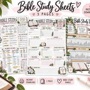 May include: Three printable Bible study sheets featuring a reference sheet, a worksheet, and a tracker. The pages include floral illustrations, book stacks, and text sections for notes, prayers, and key verses. The design uses a soft color palette.