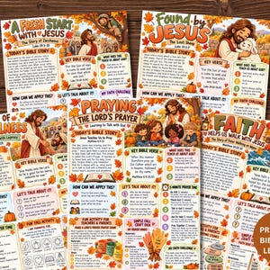 May include: Five printable Bible lesson sheets for children featuring autumn-themed illustrations. Each page includes a title, a Bible story, a key verse, discussion questions, and activities decorated with colorful fall leaves and pumpkins.
