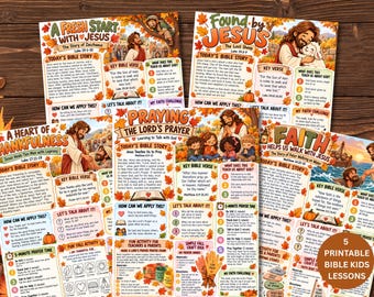 May include: Five printable Bible lesson sheets for children featuring autumn-themed illustrations. Each page includes a title, a Bible story, a key verse, discussion questions, and activities decorated with colourful fall leaves and pumpkins.
