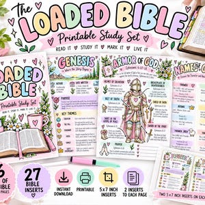 May include: A printable Bible study set titled The Loaded Bible, featuring colorful pages with illustrations of armor, flowers, and hearts. The set includes 66 books of the Bible overview pages, 27 inserts, and 5x7 inch inserts for study.