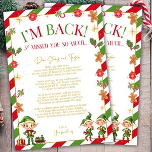 May include: Two Christmas-themed letters with red, green, and white striped borders. The text reads "I'M BACK! I MISSED YOU SO MUCH..." and includes a personalized message from an elf, along with illustrations of elves, gingerbread men, and ornaments.