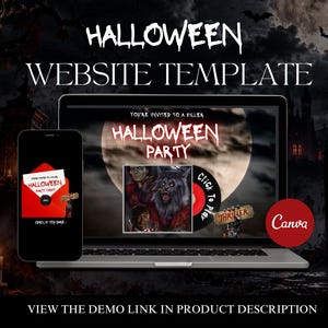 May include: A laptop and smartphone displaying a Halloween website template. The screens feature text reading HALLOWEEN PARTY, YOU'RE INVITED TO A KILLER, THRILLER, and CLICK TO PLAY, alongside graphics of a werewolf, zombies, and a red envelope.