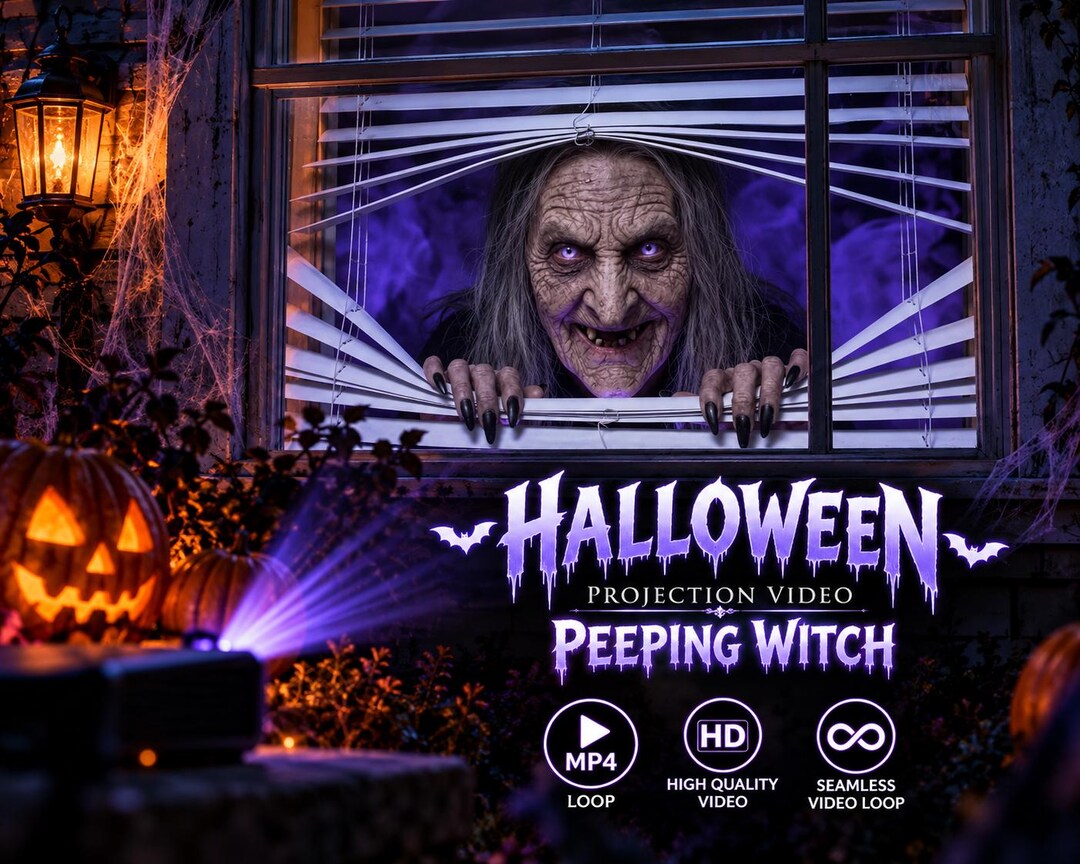 Peeping Witch Halloween Projection Video, Scary Witch Window Decoration ...