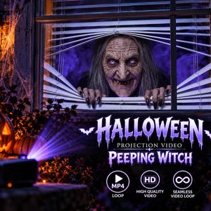 May include: A Halloween projection video titled Peeping Witch featuring a digital animation of a witch with gray hair and glowing purple eyes peering through white window blinds. The graphic includes text, MP4, HD, and loop icons.
