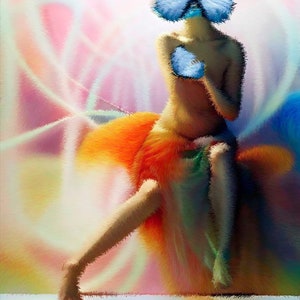 May include: A painting depicting a person with a blue butterfly covering their face. The person is wearing a long orange skirt and is seated on a white surface. The background features a colourful abstract design.