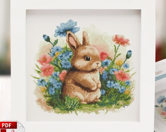 Easter Bunny in Garden Cross Stitch Pattern: Spring Floral Rabbit (PDF)