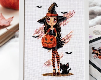Modèle de point de croix sorcière : broderie de fille d'Halloween (Modèle PDF)