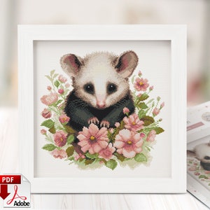 Adorable Possum Cross Stitch Pattern PDF - Opossum in flowers embroidery, Handmade Spring Birthday Gift, Easy for Beginners, cute animal