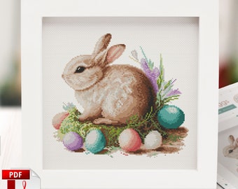 Easter Rabbit Cross Stitch Pattern PDF - Easter Bunny and Eggs cross stitch, Spring Decor for Easter, Handmade Gift, Easy for Beginners