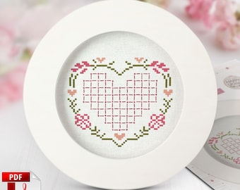Blooming Heart Cross Stitch Pattern: Romantic Floral Design (PDF)