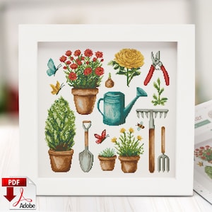 Garten Sampler Kreuzstichmuster: Werkzeuge & Blumen (PDF)