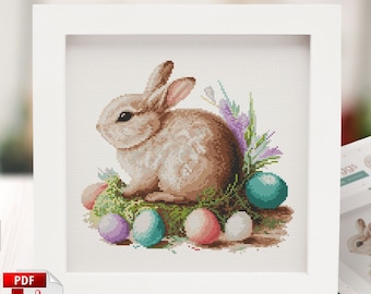 Korsstygnsmönster för påskhare: Kanin och ägg (PDF-mönster), handgjord kudde till påsk