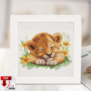Baby Löwe Kreuzstich Muster PDF - entzückender Löwe Kreuzstich Stickmuster, Babyparty Dekor, Geschenk für Neugeborene, Geburtstag Geschenk, für Kissen, Rahmen