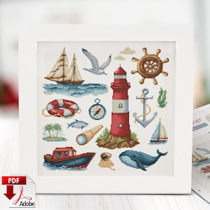 Amostra de ponto cruz náutico em PDF - Padrão de ponto cruz do mar, presente perfeito para amantes do mar, decoração de verão, barco à vela, baleia, oceano, gaivota