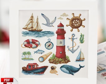 Nautical Sampler Cross Stitch Pattern: Ocean Sea Life (PDF)