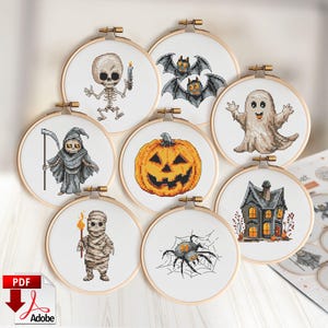 Mini ensemble de point de croix pour Halloween - Lot de 8 motifs effrayants pour aimants ou guirlandes sur toile en plastique, ou cadeaux faits main faciles à faire.