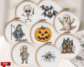 Può includere: Set di otto schemi di ricamo a punto croce a tema Halloween con uno scheletro, pipistrelli, un fantasma, un mietitore, una mummie, una zucca, un ragno e una casa stregata.