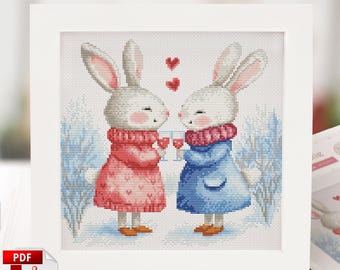 Bestie Cross Stitch Pattern: Best Friend Galentine Gift, Bunny and Rabbit with wine (PDF)