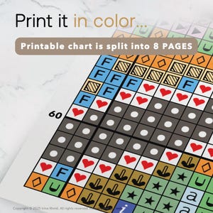 May include: A printable cross-stitch chart with a colorful design. The chart is divided into 8 pages and includes symbols for different colors. The chart is labeled "60" in the bottom left corner.