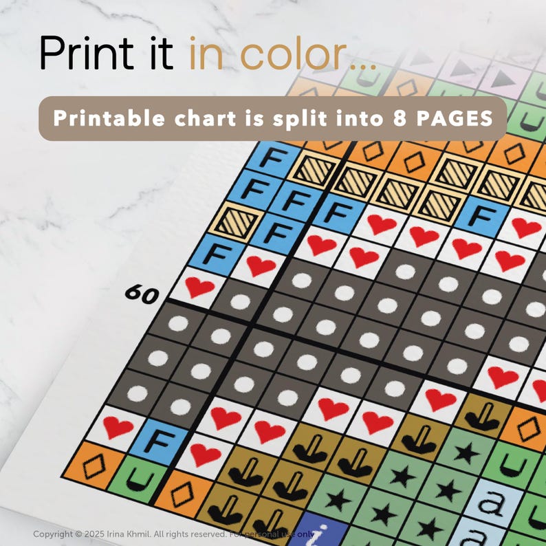 May include: A printable cross-stitch chart with a colorful design. The chart is divided into 8 pages and includes symbols for different colors. The chart is labeled "60" in the bottom left corner.