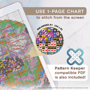 May include: A close-up of a colorful cross-stitch pattern with a grid overlay. The text "USE 1-PAGE CHART to stitch from the screen" is at the top of the image. The text "ENLARGED A1 (A4 x 8)" is in a circle with a zoomed-in portion of the cross-stitch pattern. The text "Pattern Keeper compatible PDF is also included!" is at the bottom of the image.
