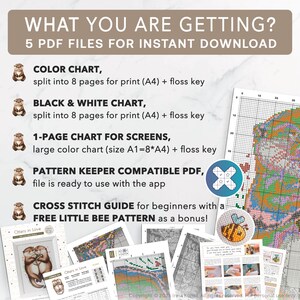 May include: A digital download for a cross stitch pattern of two otters holding hands. The pattern includes a color chart, black and white chart, a one-page chart for screens, a pattern keeper compatible PDF, and a cross stitch guide for beginners. The download also includes a free little bee pattern.