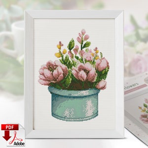 Lentebloemen Cross Stitch Patroon PDF - Mooie roze tuin bloeit in een turquoise pot, lente decor, handgemaakt cadeau, gemakkelijk voor beginners