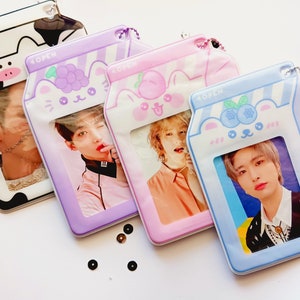 Cute K-pop Photo Card Holder Keychain |  Kawaii Milk Carton Sleeves for Kpop Photocards | Clear Vinyl PC Holder for KPOP Cards