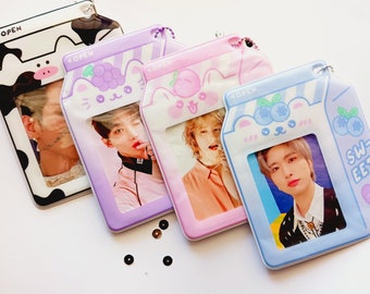 Cute K-pop Photo Card Holder Keychain |  Kawaii Milk Carton Sleeves for Kpop Photocards | Clear Vinyl PC Holder for KPOP Cards