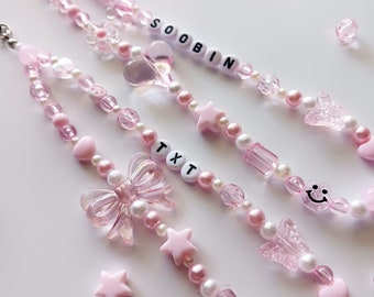 Kpop Phone Charm - Pearl Pink Charm w/Hearts, Butterflies Bows - Pink Aesthetic Custom Phone Strap for Kpop Fans (FREEBIES INCLUDED!!)