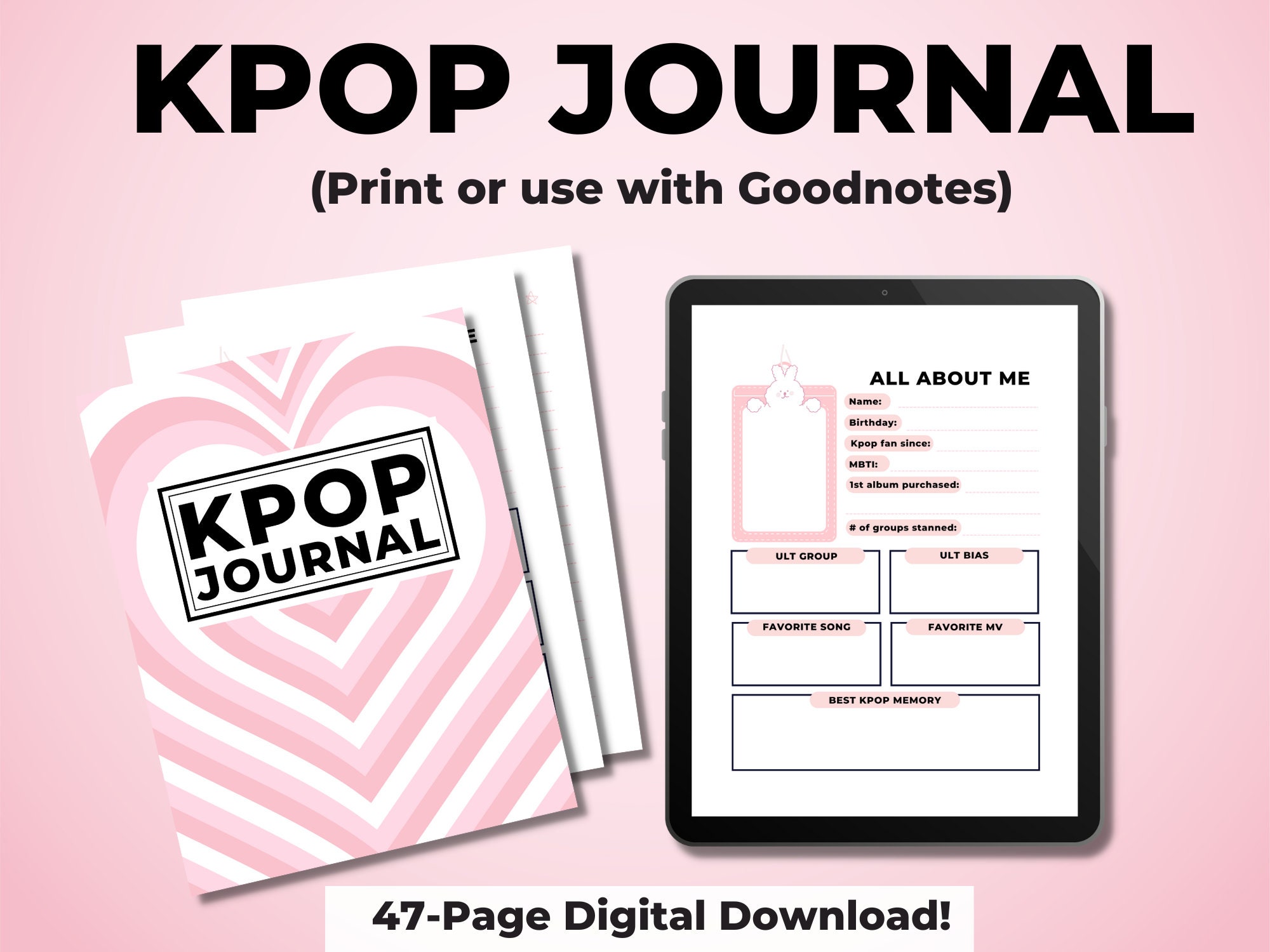 Printable Kpop Journal: Pink Theme, 47-page Tracker (digital